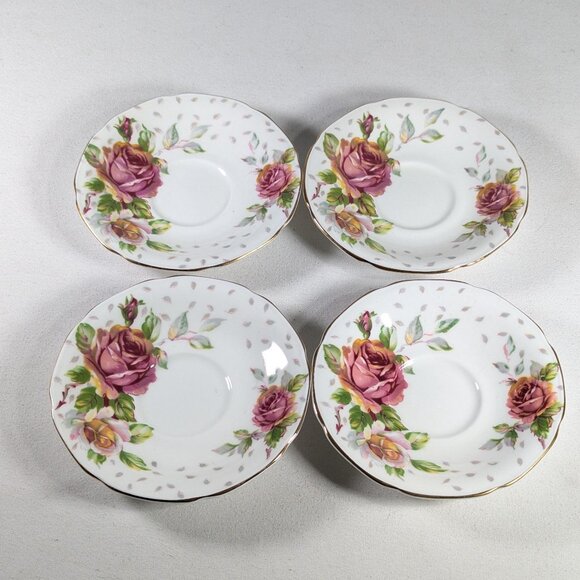 Vintage Paragon Golden Emblem set of 8 saucers, pink cabbage rose double warrent - Picture 3 of 9